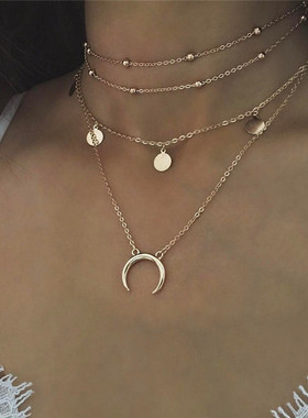 饰品欧美月亮圆片多层锁骨链