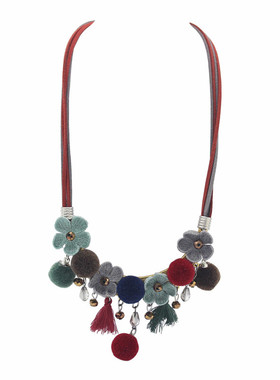 夸张花朵民族风毛球流苏编织项链