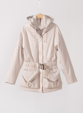 玛洛薇 M-60637 中长款连帽收腰修身白鹅绒羽绒服