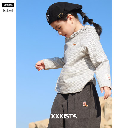 XXXIST·奶芙绒舒适连帽条纹衫男女童装中性长袖保暖抓绒连帽T恤