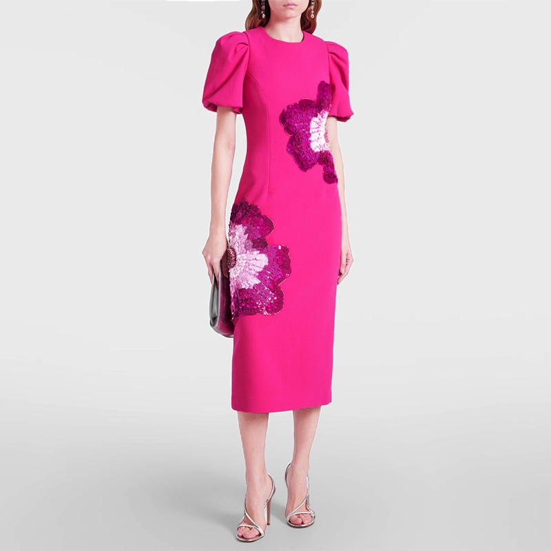 重工钉珠亮片花朵连衣裙优雅气质减龄女装圆领短袖中长款过膝裙子