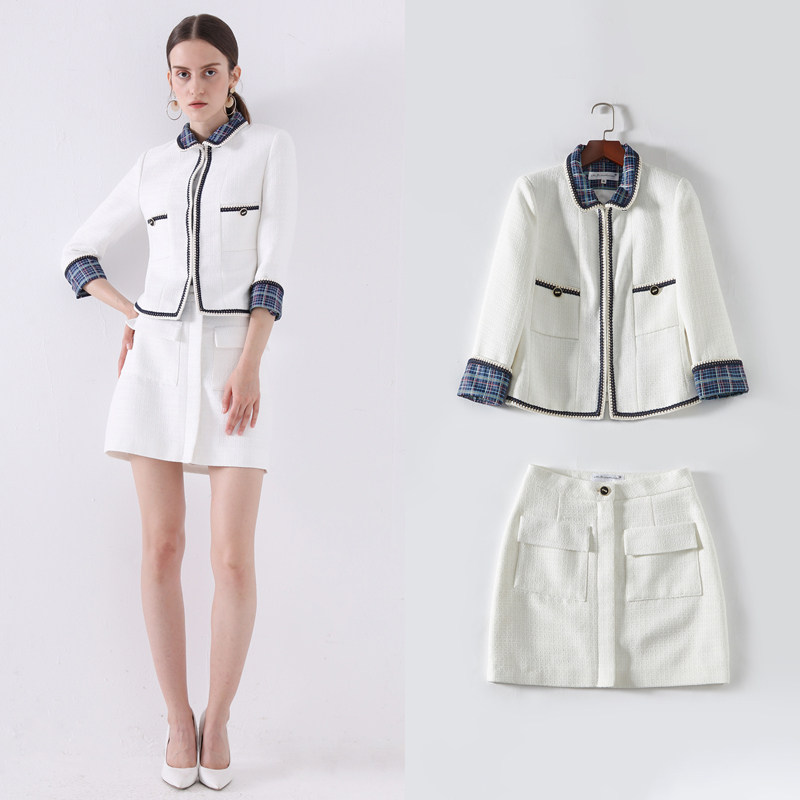 名媛小香风套装裙格子拼接撞色翻领外套女包臀半身短裙毛呢两件套