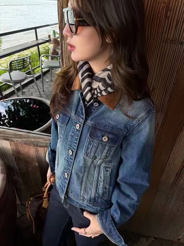 SIMNICE 高品质秋撞色拼接翻领牛仔外套8602#白色 蓝色 原牛色