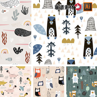 卡通森林丛林狐狸小鸟蘑菇等野生动物无缝印花图案AI矢量设计素材