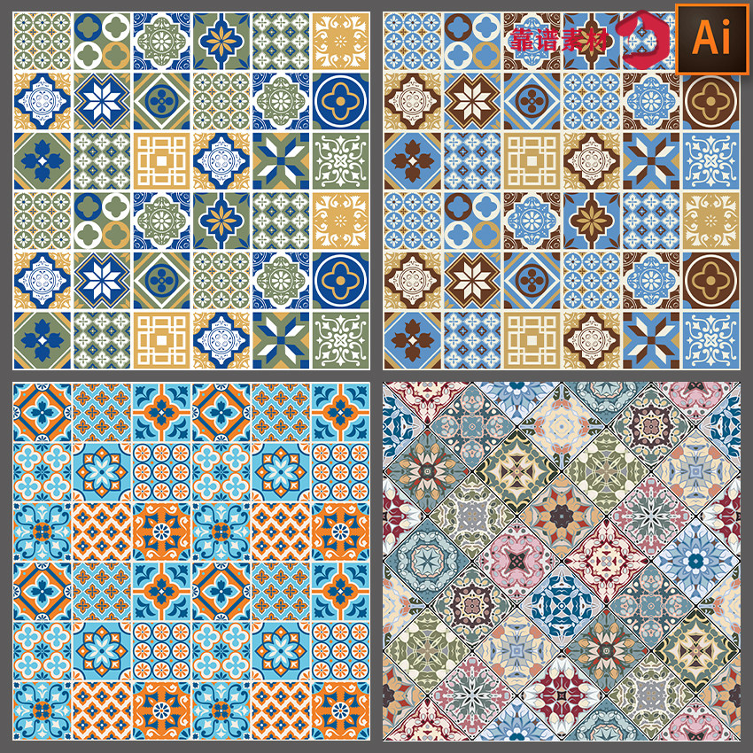 精美格子复古哥特民族风欧式花纹地砖花砖印花图案矢量设计素材
