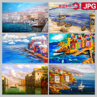 手绘油画欧美海边水边小镇乡村风景图片JPG设计素材
