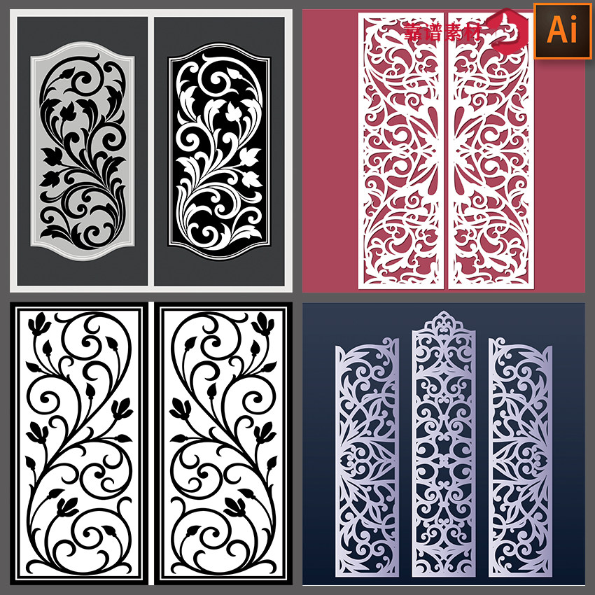 精美欧式哥特式对称精雕花纹教堂玻璃窗户矢量设计素材