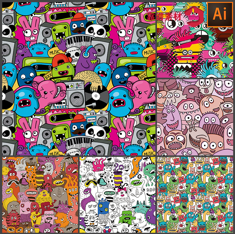 卡通外星人怪物墙纸壁纸地毯抱枕服装印花图案矢量设计素材