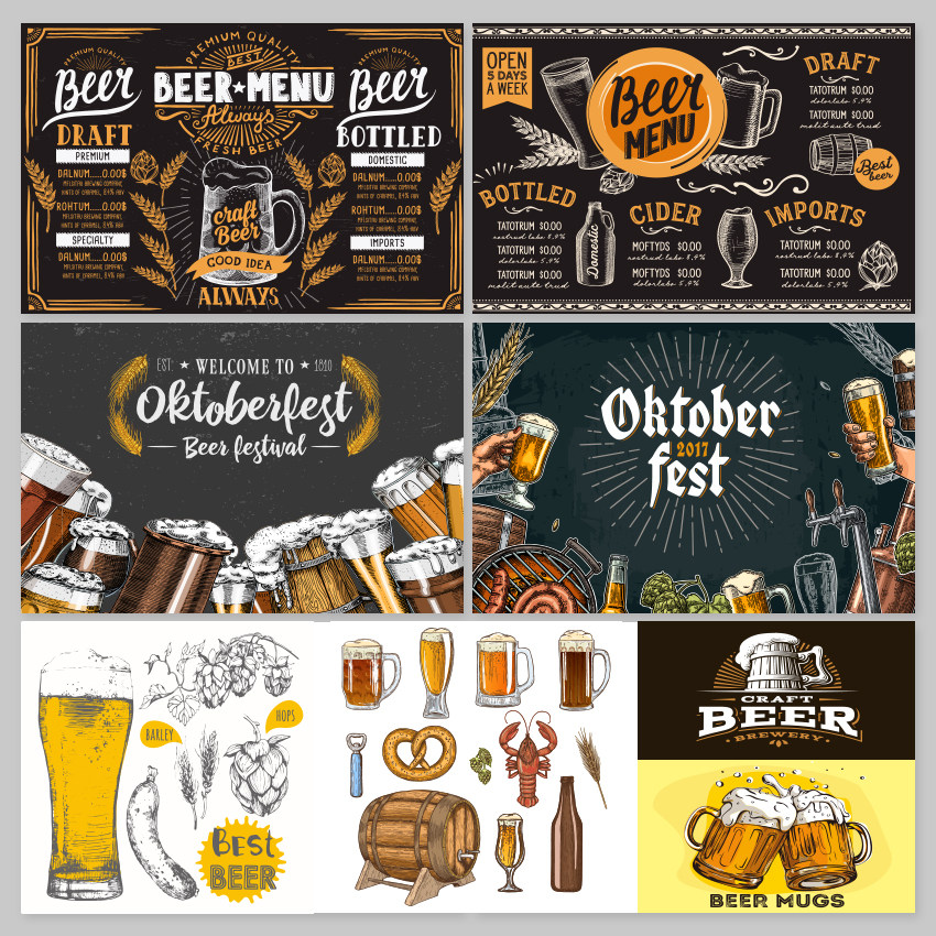 手绘啤酒干杯酒吧食物美食餐厅海报菜单背景墙纸矢量eps设计素材