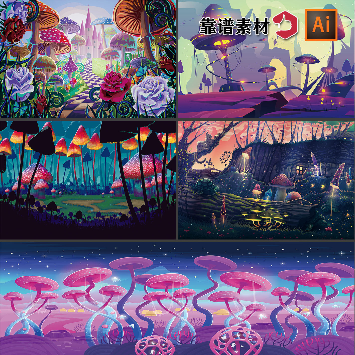 魔法丛林仙境蘑菇森林房子卡通插画舞台背景ai矢量设计素材