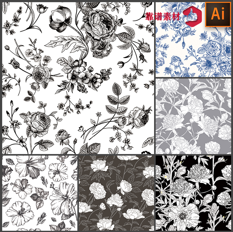 黑白线描鲜花花朵花卉碎花服饰服装墙纸家居印花图案矢量设计素材