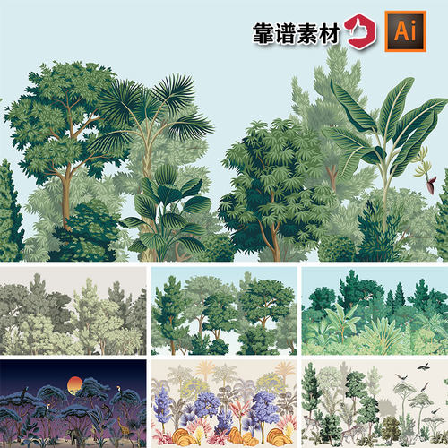 东南亚热带雨林树林森林动物壁画墙纸背景墙AI矢量设计素材