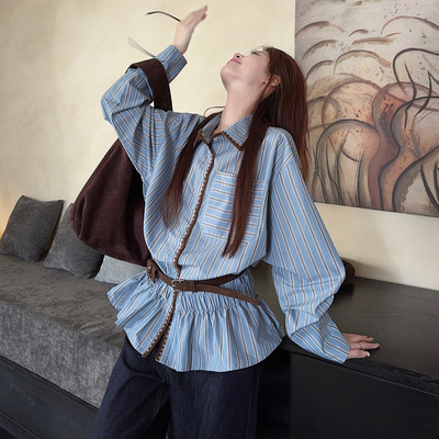 高级感灰蓝色条纹长袖衬衫女春秋新款个性小众别致法式设计感上衣