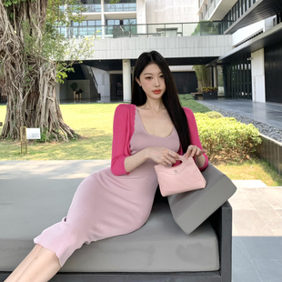 春秋新款短款长袖针织开衫女收腰显瘦吊带连衣裙时尚纯欲两件套装