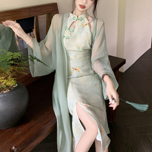 挂脖改良旗袍绿色禅意修身 新中式 连衣裙子 设计梦回南浔 汉服套装