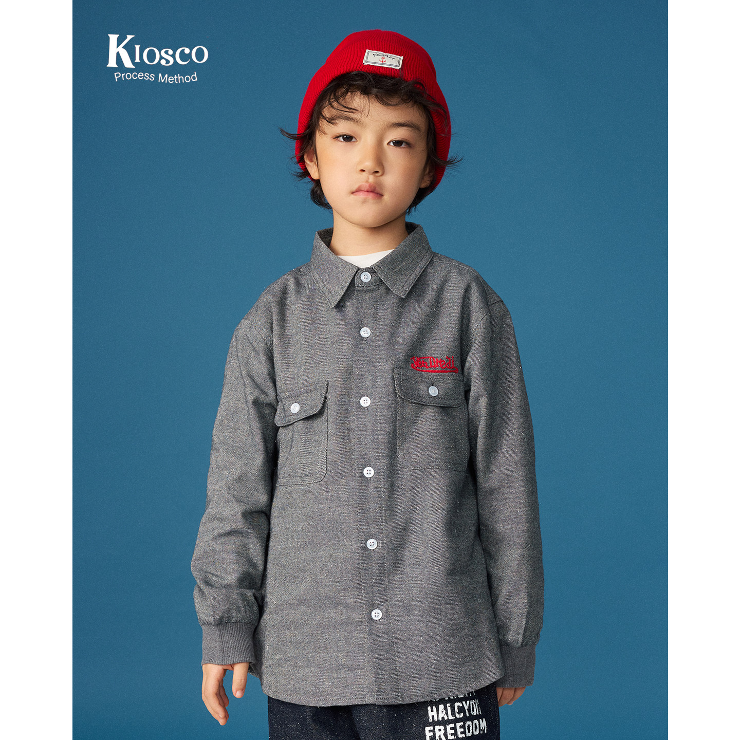 KIOSCO童装秋冬儿童纯棉男女童宽松长袖刺绣银丝牛津纺衬衫