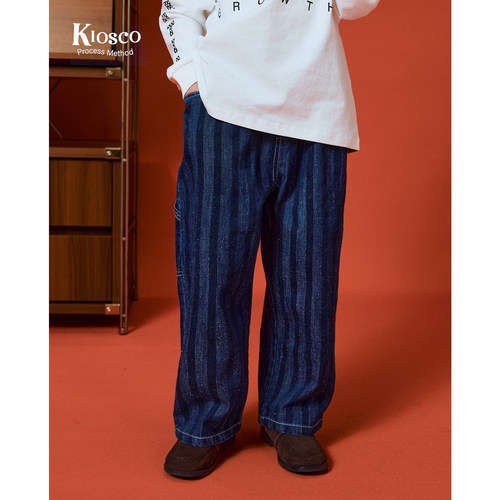 KIOSCO童装春夏儿童定制条纹撞色刺绣百搭长裤满天星牛仔裤