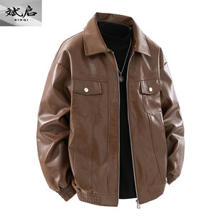 翻领夹克男装 斌启2025新款 休闲皮衣外套潮流大码 男士 上衣潮 秋冬季