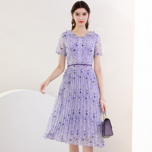 未风紫色雪纺碎花连衣裙女夏2026年夏装新款百褶夏季女装减龄裙子