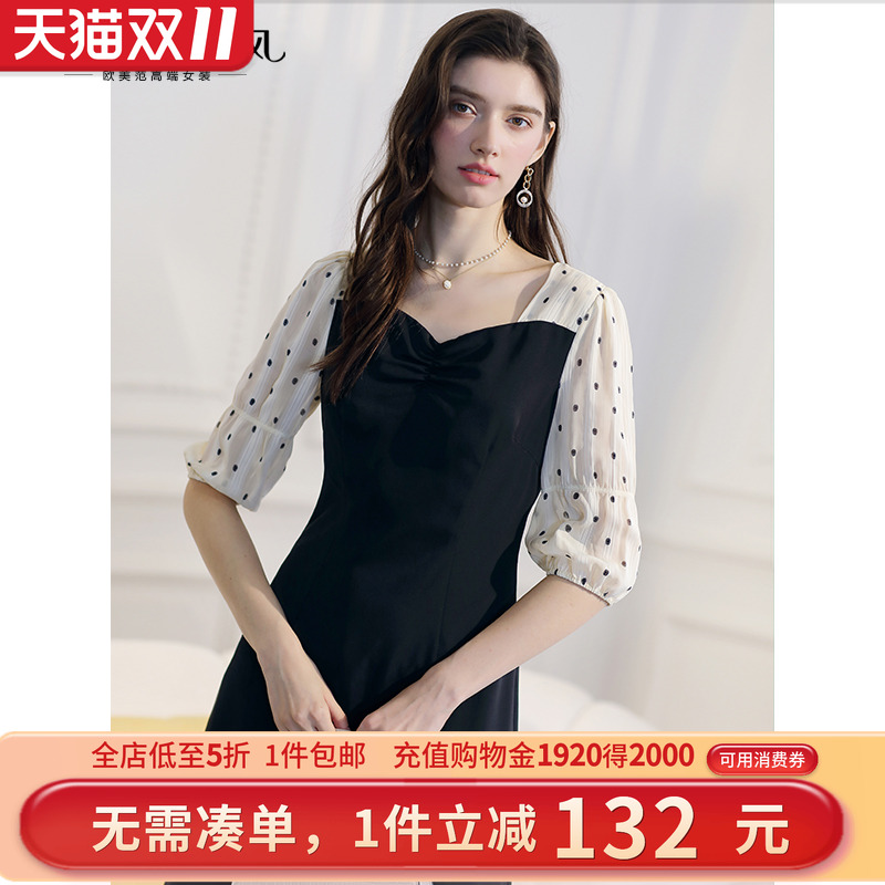 未风黑色波点连衣裙女秋