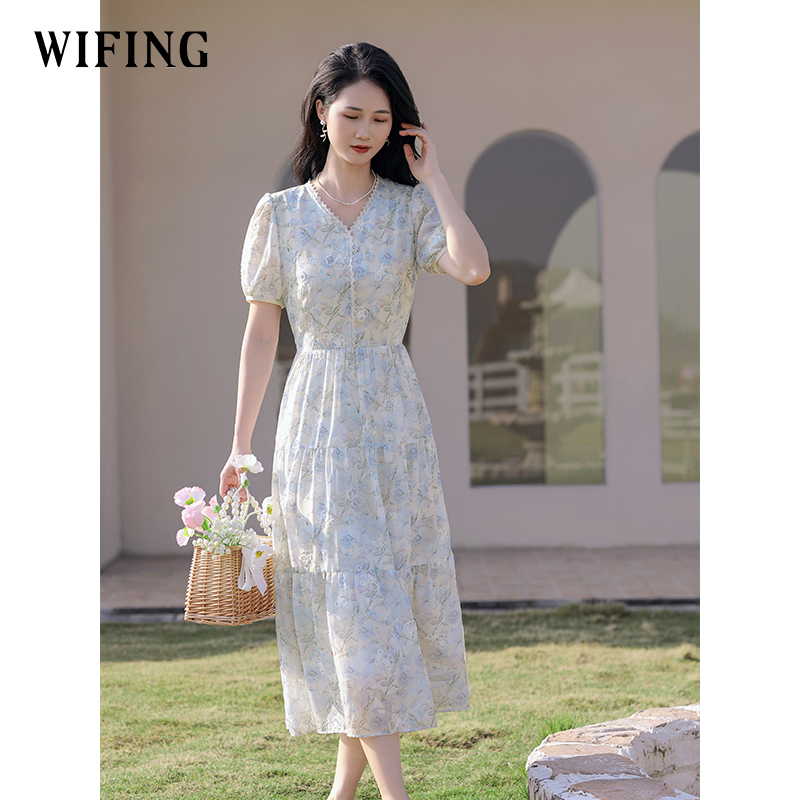 未风雪纺碎花连衣裙V领短袖长裙