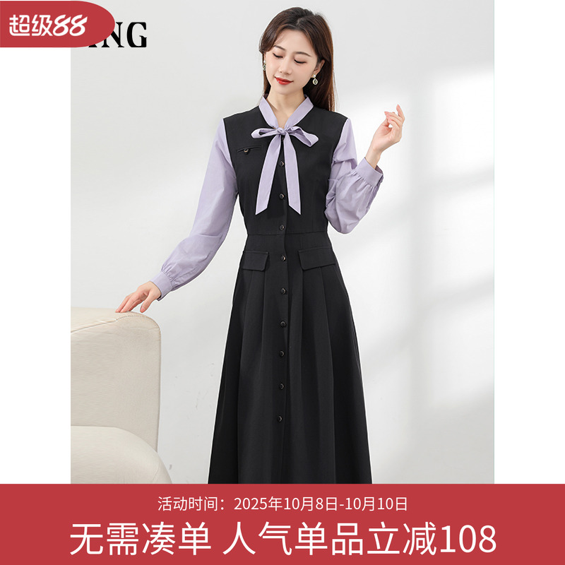 未风黑色衬衫假两件连衣裙女