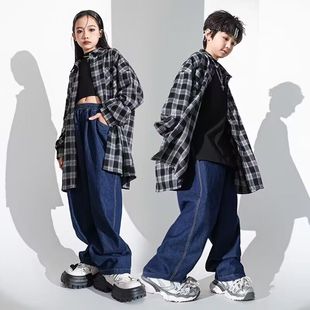 女童jazz露脐背心六一嘻哈街舞演出服装 儿童hiphop走秀格子衬衫 潮