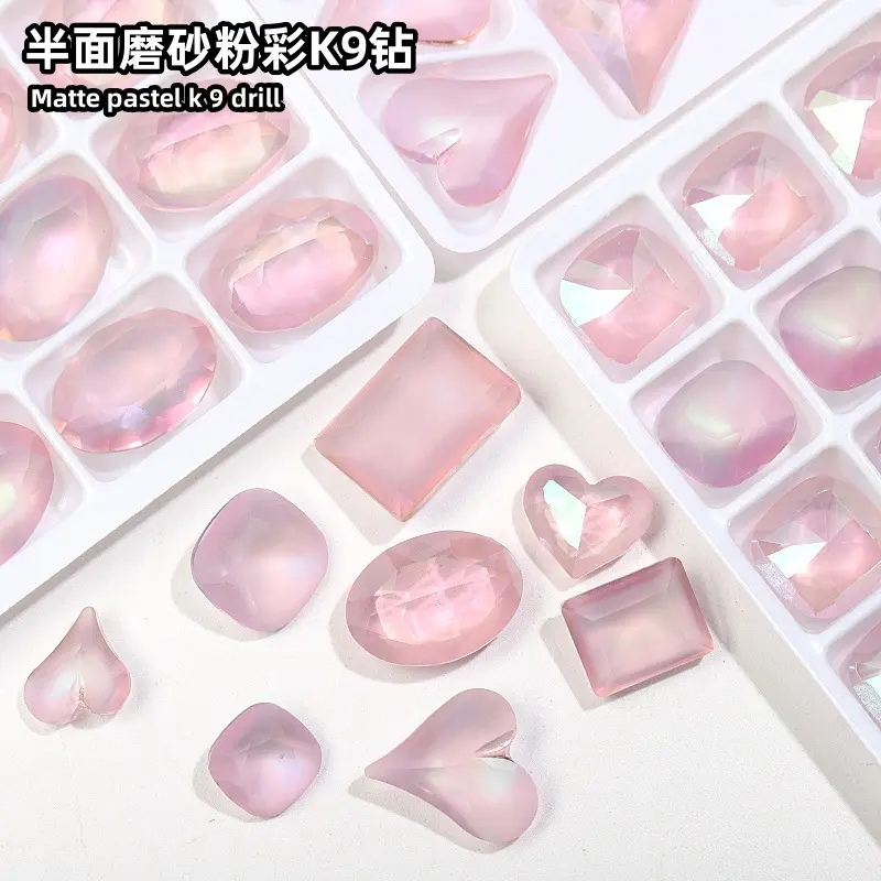 新品爆款透色半面磨砂粉彩K9钻肥方冰糖尖底美甲钻发卡饰品配件