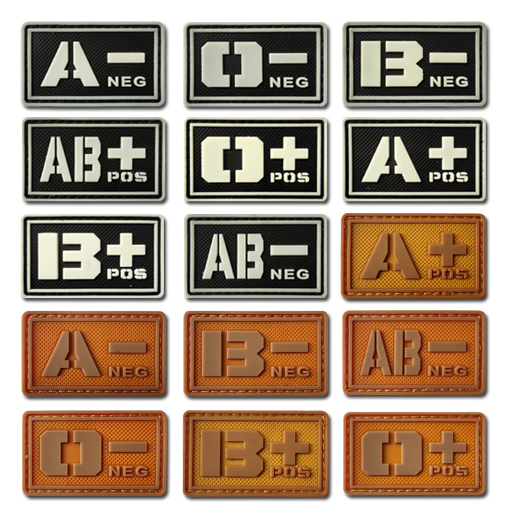 PVC血型章夜间发光魔术贴章A+ B+ O+ AB+POS血型条3D军迷急救徽章