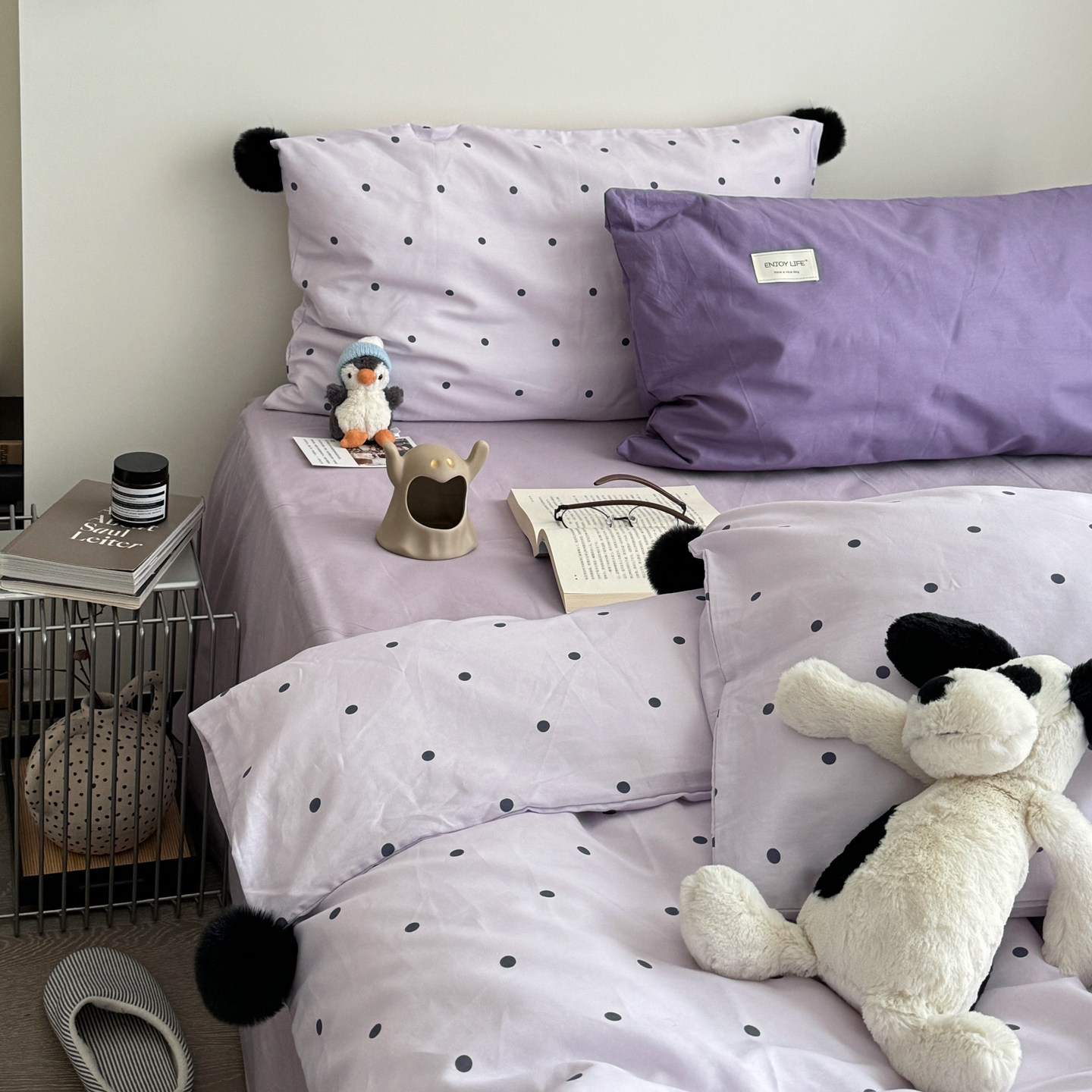 波点香芋紫毛球球少女心亲肤全棉四件套简约宿舍裸睡纯棉床品床笠