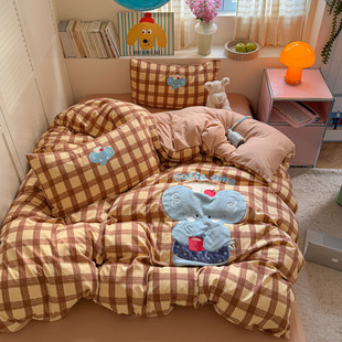 美拉德清新格子四季亲肤双层纱化纤四件套贴布绣卡通少女宿舍床品