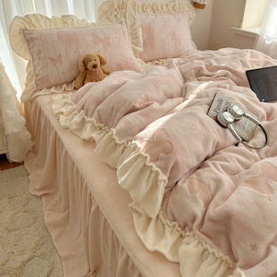 法式 蝴蝶结牛奶绒四件套粉色少女珊瑚绒双面绒被套法兰绒床裙床单