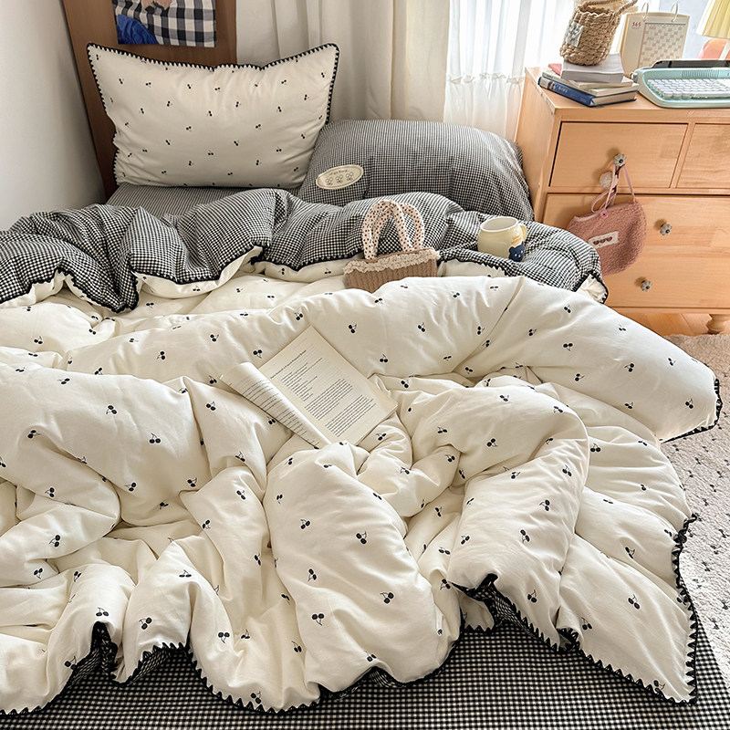 简约黑白贝壳边全棉四件套少女ins纯棉被套学生3件套亲肤床单床笠