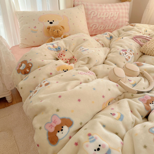 秋冬保暖牛奶绒四件套卡通小清珊瑚绒被套软萌学生3件套床笠床单