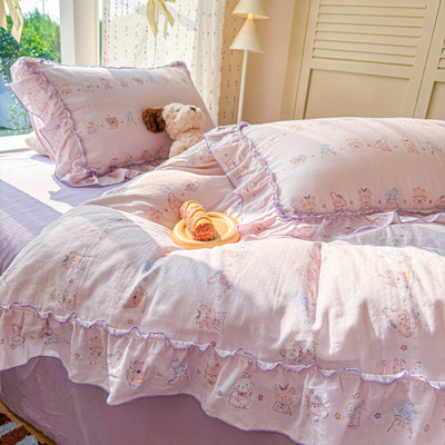 荷叶边裸睡软糯双层纱全棉四件套