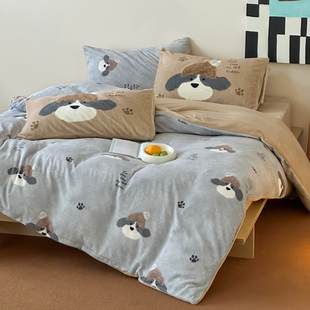 混搭冬日狗牛奶绒四件套秋冬保暖法兰绒被套学生3件套卡通1.5床单
