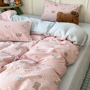 卡通可爱全棉四件套少女粉色猫咪纯棉被套学生3件套斜纹软糯床单