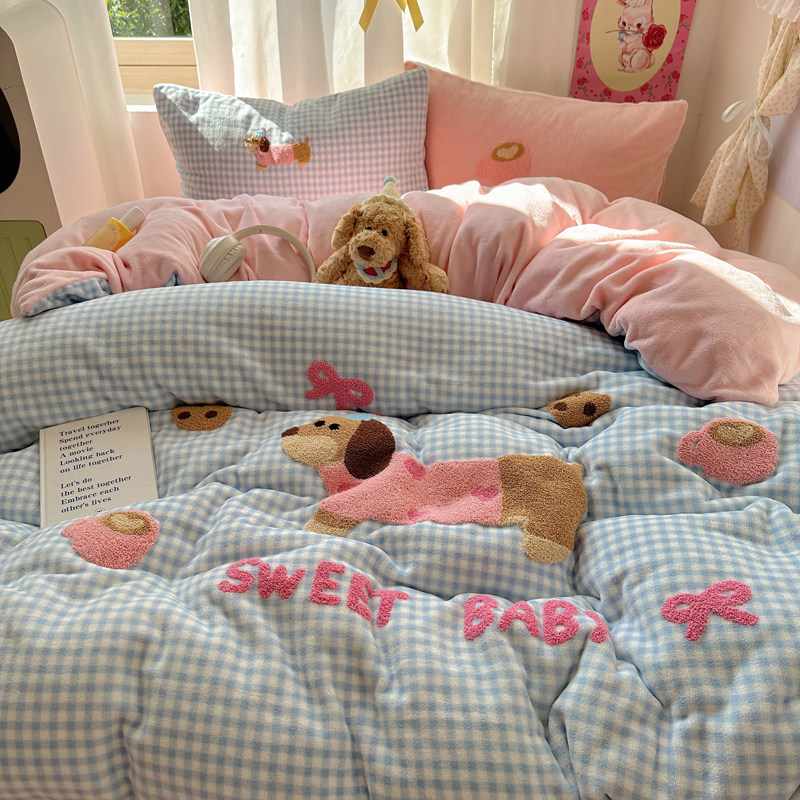 网红腊肠狗牛奶绒四件套秋冬保暖卡通毛巾绣珊瑚绒双面绒被套床单,床上用品,床品套件/四件套/多件套,淘宝优惠券,粉丝福利购,淘宝优惠卷