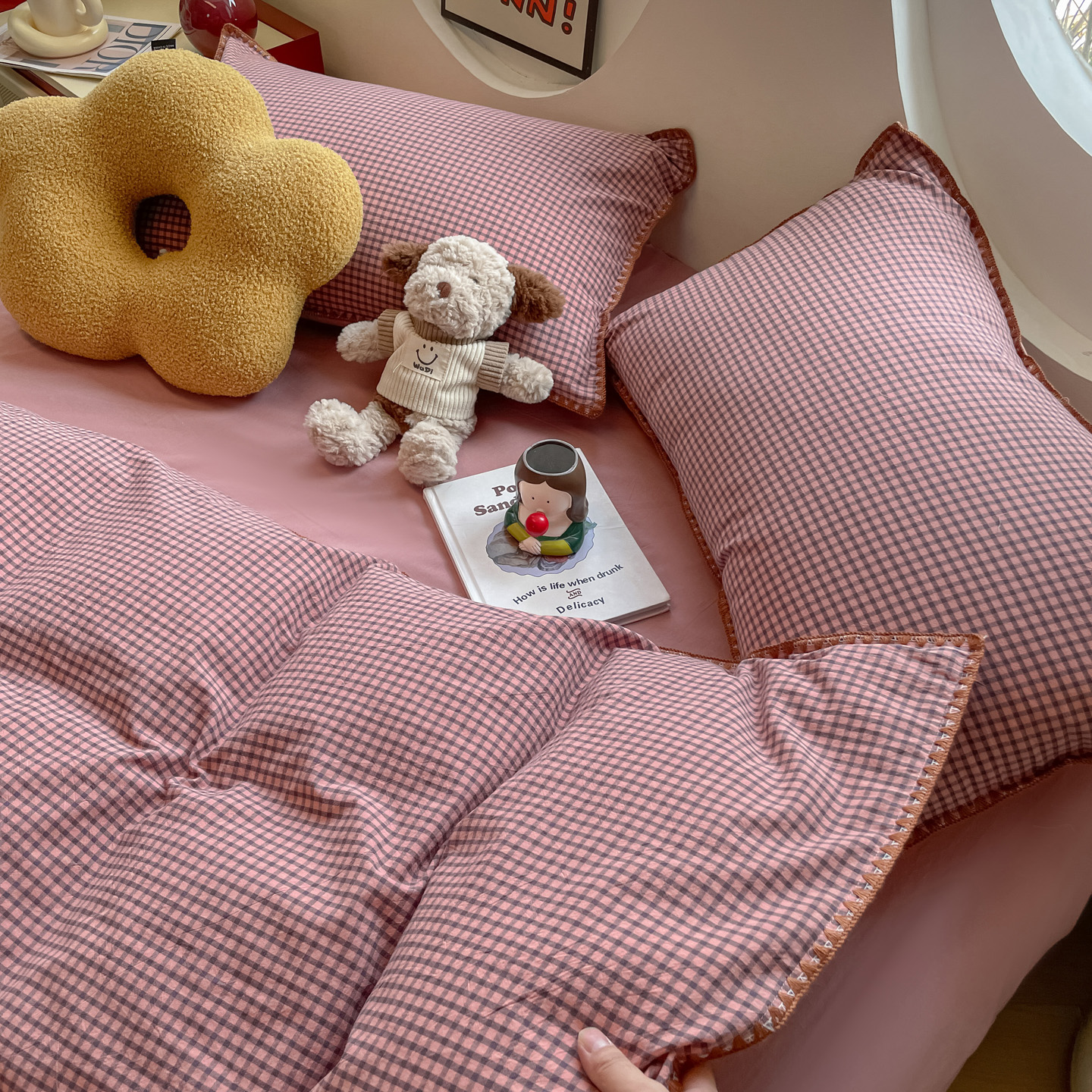 文艺简约豆沙格子柔软亲肤全棉三四件套少女裸睡水洗纯棉床品床笠