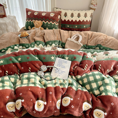 圣诞款秋冬保暖牛奶绒四件套