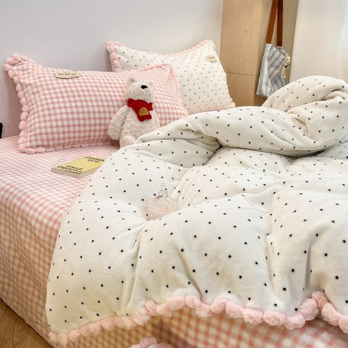 毛球款简约撞色牛奶绒四件套