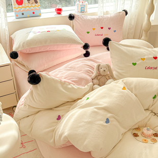 秋冬保暖多彩牛奶绒四件套毛球加厚珊瑚绒双面绒被套学生3 件套