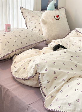 紫色小小樱桃全棉四件套亲肤纯棉少女被套1.5m1.8米裸睡床上用品