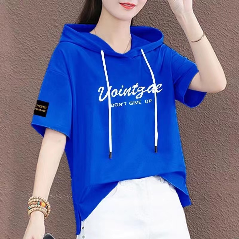 山东青岛即墨卫衣女装纯棉连帽短袖正肩t恤衫2025夏韩版宽松大码