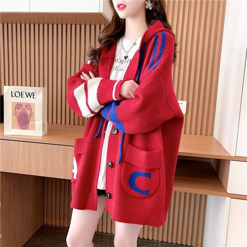 软糯加厚连帽外穿大朗毛衣女秋冬内搭针织本命年新年红色上衣大码