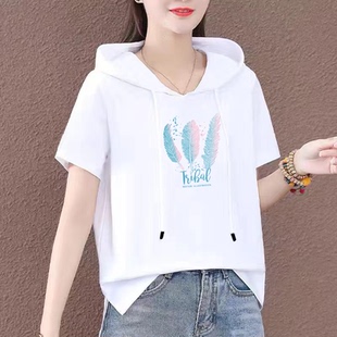 山东青岛即墨卫衣女短袖全棉t恤戴帽子夏季薄款小衫胖子mm大码白