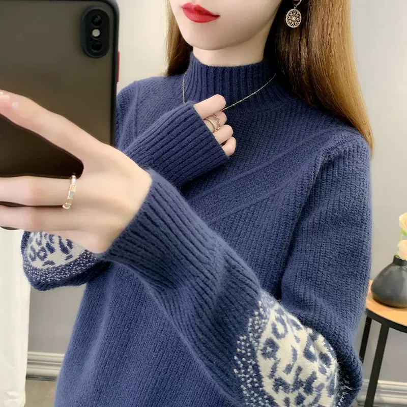 东菀大朗毛织大朗大郎毛衣旗舰店女出口新款秋冬半高领针织衫女羊