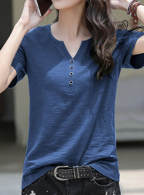 t恤女半袖夏季韩版新款纯白色V领宽松纯棉简约女士短袖体恤打底衫