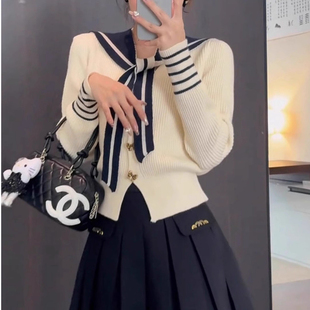 海军领针织开衫女早秋韩系漂亮大朗毛衣外套广州十三行巨好看上衣