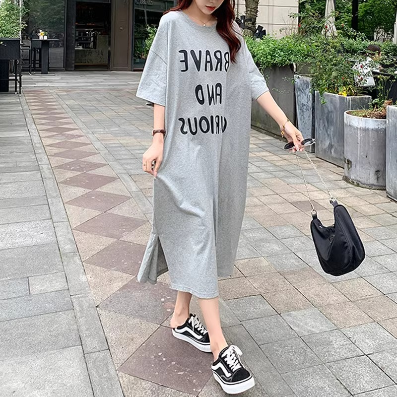 休闲运动风韩版短袖t恤连衣裙女夏广州十三行中长款宽松大码上衣